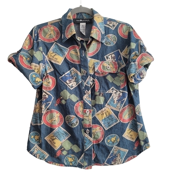 VTG Sag Harbor Sport Travel Postcard Casual Chambray Button Up Shirt Small - Picture 1 of 10